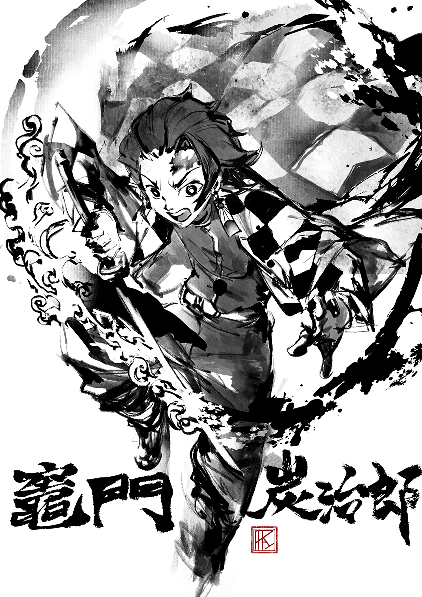 1boy aiming_at_viewer belt blood blood_on_hands character_name checkered_clothes commentary demon_slayer_uniform earrings feet_out_of_frame fighting_stance greyscale hair_slicked_back hanafuda_earrings hands_up haori highres holding holding_sword holding_weapon ink_wash_painting japanese_clothes jewelry jumping kamado_tanjirou katana kimetsu_no_yaiba knee_up long_sleeves looking_at_viewer male_focus monochrome open_mouth outstretched_arm pants paparaya scar scar_on_face scar_on_forehead shoes short_hair solo sword weapon