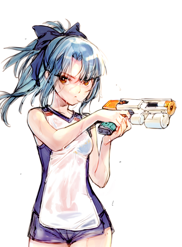 1girl alice_gear_aegis bare_shoulders blue_bow blue_bra blue_hair bow bra branch_(blackrabbits) breasts brown_eyes commentary_request gun hair_bow handgun high_ponytail holding holding_gun holding_weapon long_hair looking_at_viewer see-through serious shirt short_shorts shorts simple_background sketch sleeveless sleeveless_shirt small_breasts solo takanashi_rei underwear weapon wet wet_clothes white_background