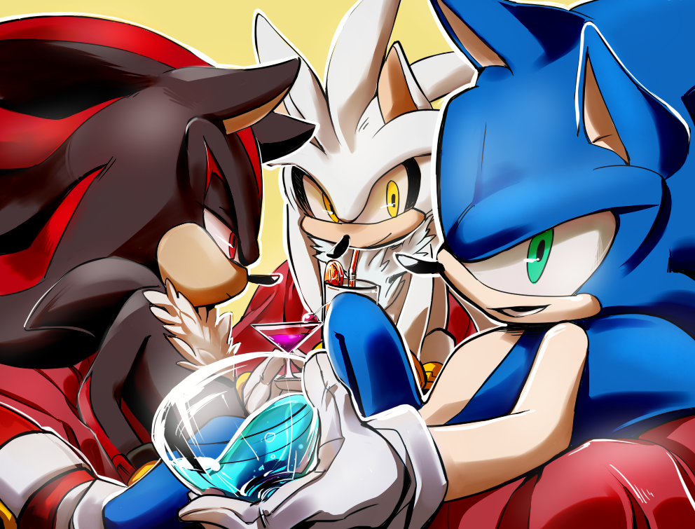 3boys animal_ears animal_nose black_fur blue_fur body_fur bracelet closed_mouth couch cup drink food fruit furry furry_male glass gloves gold_bracelet green_eyes half-closed_eyes hand_up hedgehog hedgehog_ears holding holding_cup jewelry lenmeu looking_at_another looking_at_viewer looking_to_the_side male_focus multiple_boys open_mouth orange_(fruit) orange_slice red_eyes red_footwear red_fur shadow_the_hedgehog shoes silver_the_hedgehog simple_background sitting smile sneakers socks sonic_(series) sonic_the_hedgehog teeth two-tone_fur white_fur white_gloves white_socks yellow_background yellow_eyes
