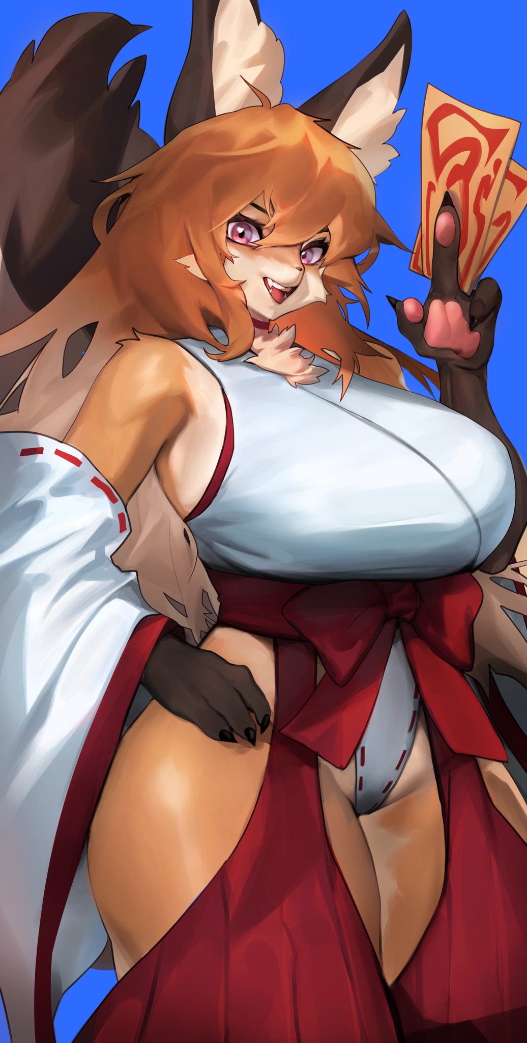 anthro asian_clothing big_breasts bottomwear breasts canid canine canis clothed clothing curvy_figure cute_fangs east_asian_clothing female female_anthro fluffy fluffy_tail fox fur hair hi_res kemono mammal multicolored_body multicolored_fur off_shoulder open_mouth purple_eyes red_bottomwear red_clothing shrine_maiden solo tail thick_thighs two_tone_body two_tone_fur voluptuous woobin94