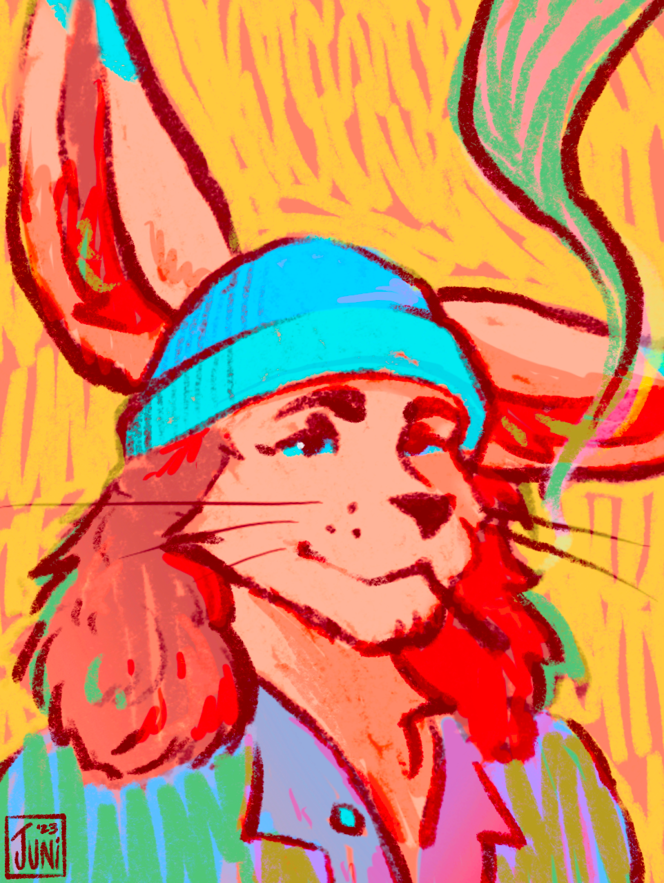 anthro big_ears blue_clothing blue_eyes blue_hat blue_headwear canid canine clothing colored colorful confident digital_media_(artwork) digital_painting_(artwork) ear_markings ear_tuft easy_smile fan_character fennec fox hair hat headgear headwear hi_res junipersketch long_hair male mammal simple_background simple_eyes smoking solo tuft whiskers yellow_background