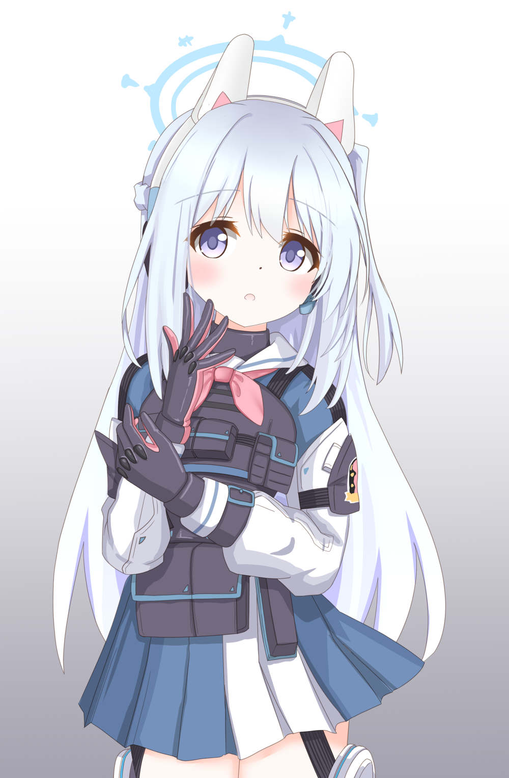 1girl animal_ears blue_archive body_armor gloves hair_between_eyes halo headphones highres langley1000 long_hair miyako_(blue_archive) open_mouth purple_eyes rabbit_ears revision school_uniform side_ponytail simple_background vest white_hair