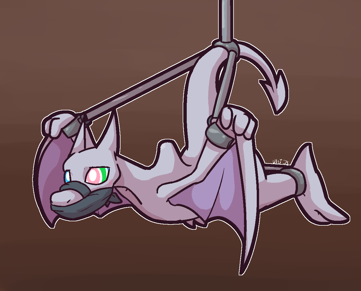 2023 2_horns 2_toes aerodactyl ambiguous_gender anthro arms_tied blue_eyes bound brown_background feet fossil_pokemon gag gagged generation_1_pokemon green_eyes grey_body grey_horn grey_scales horn nintendo pink_eyes pokemon pokemon_(species) purple_body purple_scales raised_tail scales scalie simple_background solo spade_tail spiral_eyes spread_eagle spread_wings tail talons toes ultilix white_eyes winged_arms wings