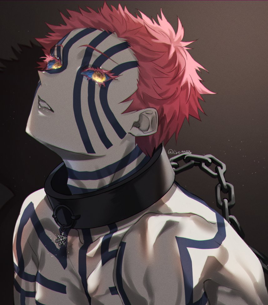 1boy akaza_(kimetsu_no_yaiba) blue_sclera brown_background chain collar colored_eyelashes colored_sclera eyelashes facial_mark facial_tattoo from_side full-body_tattoo kimetsu_no_yaiba light_particles lins_sana looking_at_viewer male_focus nude parted_lips pink_hair portrait shadow short_hair snowflake_pendant solo tattoo text_in_eyes toned toned_male twitter_username yellow_eyes