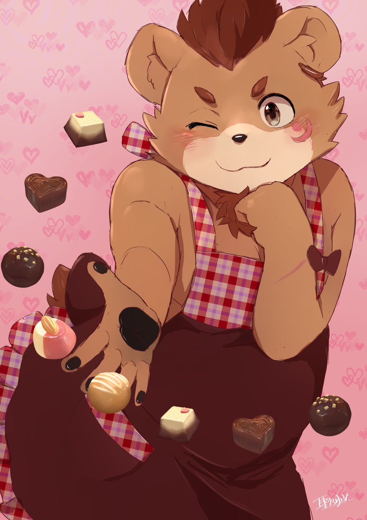 anthro apron bear blush brown_body brown_clothing brown_fur candy chocolate clothing dessert food fur hi_res hijirinoyuta holidays looking_at_viewer male mammal one_eye_closed oosumi_(tamacolle) slightly_chubby solo tamacolle valentine's_day wink