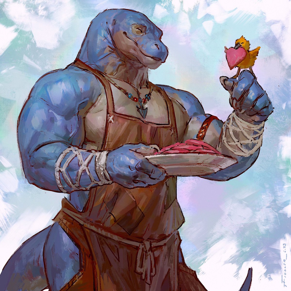 2023 5_fingers ambiguous_gender anthro avian biceps bird blue_body claws clothed clothing digital_media_(artwork) digital_painting_(artwork) dragon duo fingers hi_res jewelry komodo_dragon larger_male lizard male monitor_lizard muscular muscular_anthro muscular_arms muscular_male necklace ogin_(taran_fiddler) reptile scales scalie simple_background size_difference smaller_ambiguous taran_fiddler thick_neck yellow_body