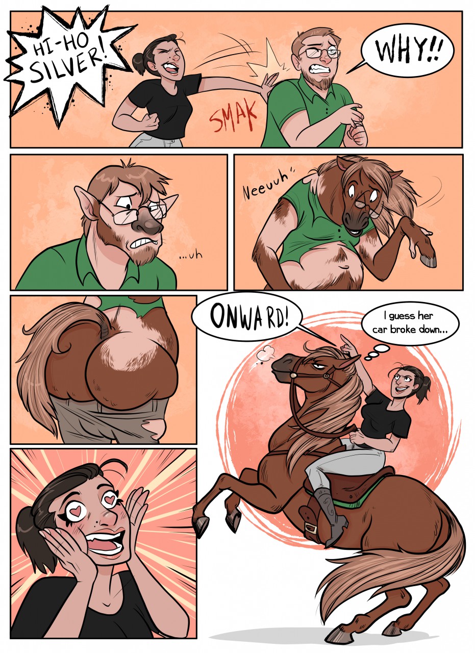 &lt;3 &lt;3_eyes bubbeh butt clothing comic duo equid equine female feral forced forced_transformation hi_res horse human male mammal reins saddle torn_clothing transformation transformation_sequence unimpressed
