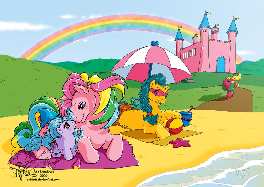 2009 ambiguous_gender beach castle cutie_mark detailed_background earth_pony equid equine feral giggles_(mlp) good_weather_(mlp) group hair hasbro horse long_hair mammal mlp_g1 multicolored_hair my_little_pony outside parasol_(g1) pony pre-g4 rainbow_hair seaside smile solkatt splosh_(mlp) tail umbrella watermark young