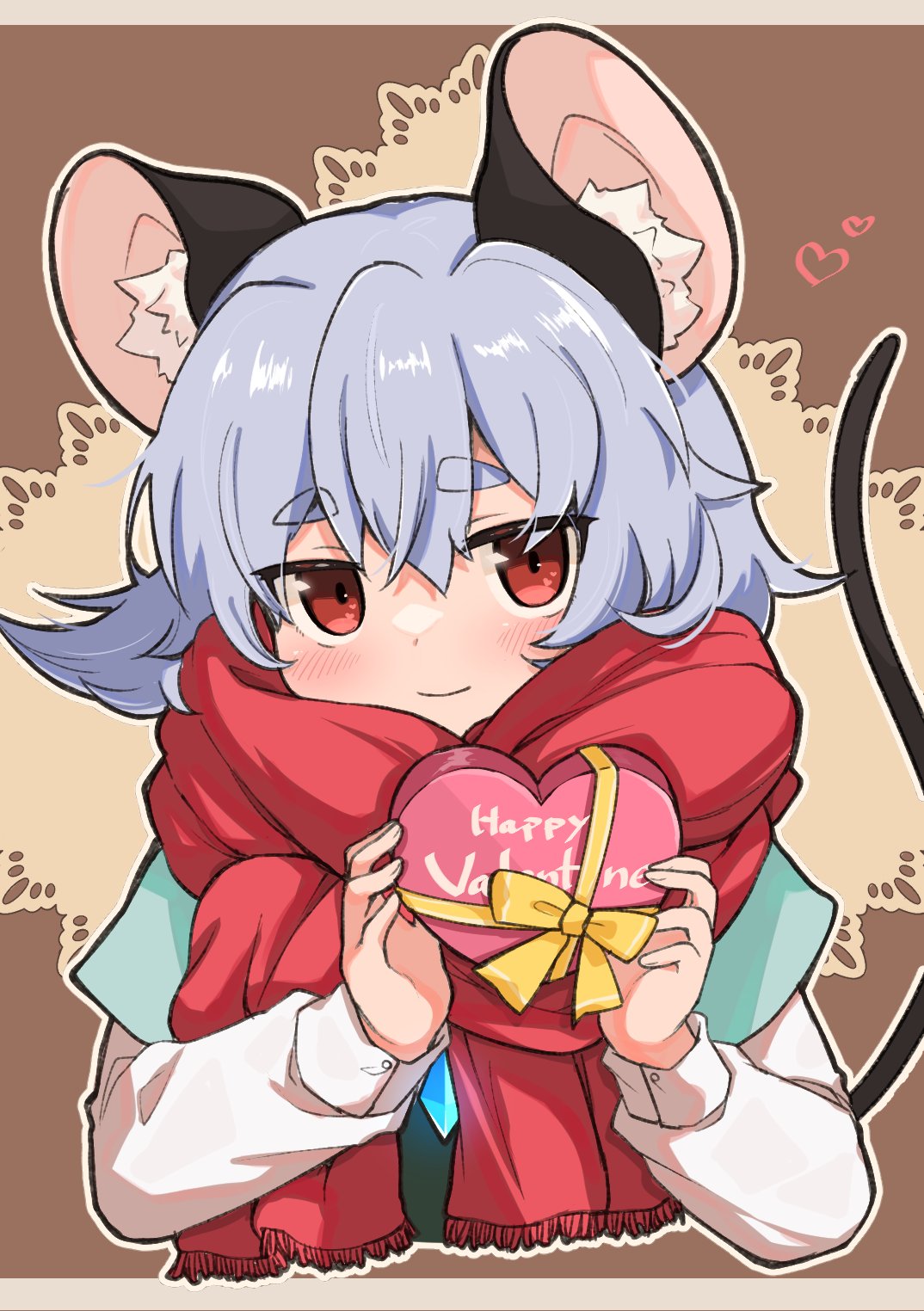 1girl animal_ear_fluff animal_ears bangs blue_capelet blush bow box brown_background capelet closed_mouth commentary_request grey_hair happy_valentine heart heart-shaped_box highres long_sleeves looking_at_viewer mouse_ears mouse_girl mouse_tail nazrin outline red_eyes red_scarf scarf shirt short_hair smile solo tail take_no_ko_(4919400) thick_eyebrows touhou upper_body white_outline white_shirt yellow_bow