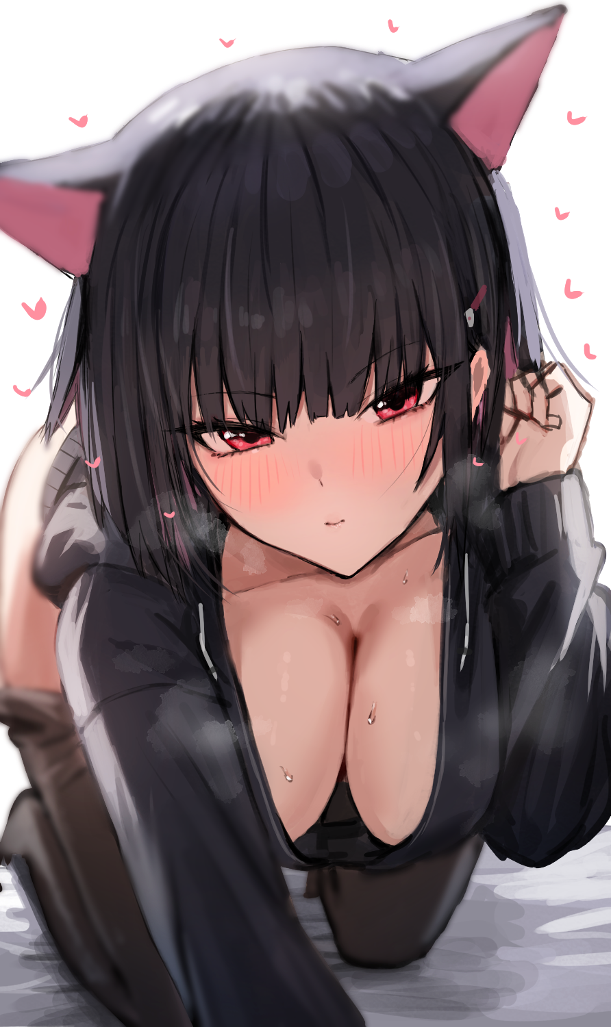 1girl all_fours animal_ears black_choker black_hair black_jacket blue_archive breasts choker cleavage clothes_pull collarbone crawling downblouse halo hand_in_own_hair hand_up hanging_breasts highres hood hooded_jacket horn/wood jacket kazusa_(blue_archive) large_breasts looking_at_viewer no_shirt pantyhose pantyhose_pull pink_eyes pov