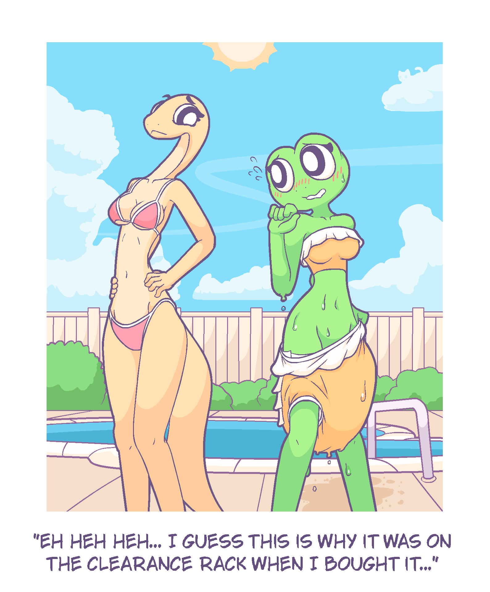 amphibian baggashame bikini blush blush_lines breasts caption clothing cloud diaper diaper_cover dripping duo embarrassed english_text eyebrows female female/female fence frilly frilly_clothing frilly_swimwear frog hands_on_hips hi_res nervous_smile plant pool pubic_mound raised_eyebrow reptile sagging_diaper scalie shrub sky snake sun swimwear text waterlogged_diaper wet