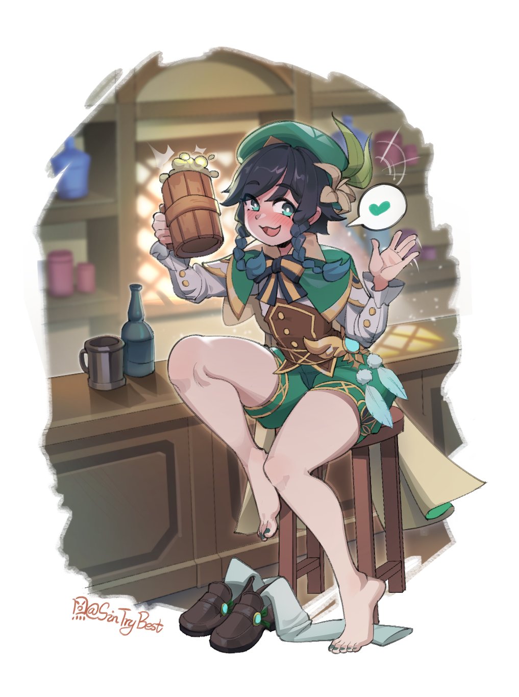 1boy bangs bar_(place) bare_legs barefoot beer_mug beret black_hair blue_hair blush braid cape chair collared_cape cup drunk english_commentary feet flower frilled_sleeves frills full_body genshin_impact gradient_hair green_cape green_eyes green_headwear green_shorts grey_thighhighs hands_up hat hat_flower heart highres holding knee_up legs looking_at_viewer male_focus motion_lines mug multicolored_hair open_mouth otoko_no_ko shadow shoes shoes_removed shorts side_braids sin_(sintrybest) sitting solo spoken_heart thighhighs thighhighs_removed thighs toes twitter_username venti_(genshin_impact) waving