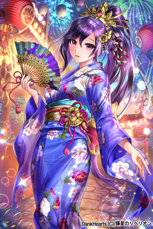 1girl bangs blue_kimono blush breasts commentary_request esphy fan feet_out_of_frame fireworks floral_print flower folding_fan gem hair_between_eyes hair_flower hair_ornament high_ponytail holding holding_fan hoshi_no_rebellion japanese_clothes kimono lantern lens_flare long_hair long_sleeves looking_at_viewer medium_breasts night obi official_art outdoors paper_lantern parted_lips pink_eyes print_kimono purple_hair sash smile solo standing stone_floor tassel torii very_long_hair wide_sleeves
