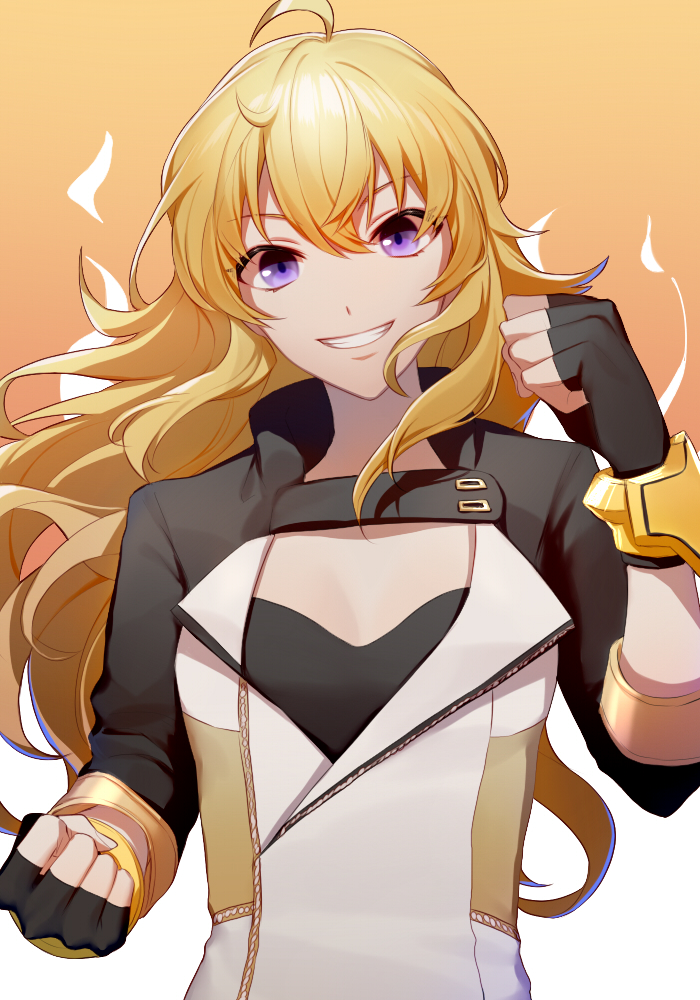 1girl :d ahoge asd13 bangs black_gloves black_sleeves blonde_hair breasts cleavage clenched_hands fingerless_gloves gloves grin hand_up jacket long_hair long_sleeves looking_at_viewer medium_breasts open_mouth purple_eyes rwby smile solo sports_bra teeth two-tone_background upper_body v-shaped_eyebrows white_jacket wrist_guards yang_xiao_long