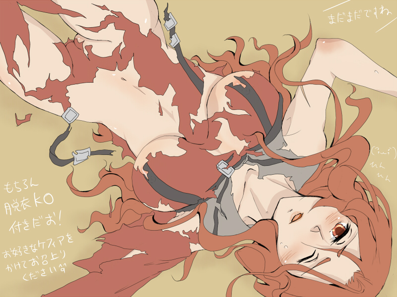 belt breasts brown_eyes cameltoe female genderswap johann large_breasts long_hair lying m.u.g.e.n midnight_bliss mugen_(game) navel open_mouth rage_of_the_dragons red_hair solo torn_clothes wink