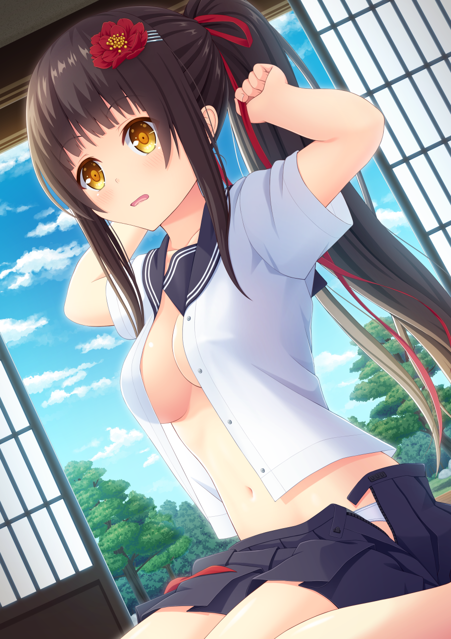 1girl arms_up bangs black_hair black_skirt blue_sky blunt_bangs blush breasts cleavage cloud commentary_request day dress dutch_angle eyebrows_visible_through_hair flower hair_flower hair_ornament hair_ribbon hairdressing highres indoors iwamoto_sora long_hair looking_away medium_breasts miniskirt moe2019 navel no_bra open_clothes open_fly open_mouth open_shirt open_skirt original panties panty_peek pleated_skirt red_flower red_ribbon ribbon school_uniform serafuku shirt short_sleeves sidelocks skirt sky sliding_doors solo stomach tree tying_hair unbuttoned unbuttoned_shirt underwear very_long_hair white_panties white_shirt yellow_eyes