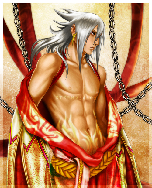 1boy abs earrings grey_hair japanese_clothes jewelry long_hair male male_focus muscle open_clothes open_shirt orange_eyes robe shirt solo tattoo topless