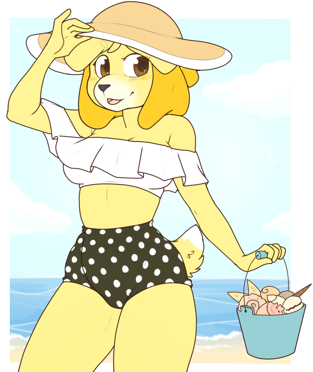 2018 5_fingers alpha_channel animal_crossing anthro beach biped black_nose blonde_hair bottomwear breasts brown_eyes bucket canid canine cleavage clothed clothing cloud container countershade_face countershade_fur countershading digital_media_(artwork) female fingers fur hair hat headgear headwear hi_res high-waisted_shorts holding_bucket holding_container holding_object isabelle_(animal_crossing) looking_at_viewer mammal midriff nintendo open_mouth outside pattern_bottomwear pattern_clothing pattern_shorts portrait sand sea seaside shorts sky solo spots spotted_bottomwear spotted_clothing spotted_shorts standing three-quarter_portrait topwear water white_body white_clothing white_countershading white_tail_tip white_topwear yellow_body yellow_fur zyira
