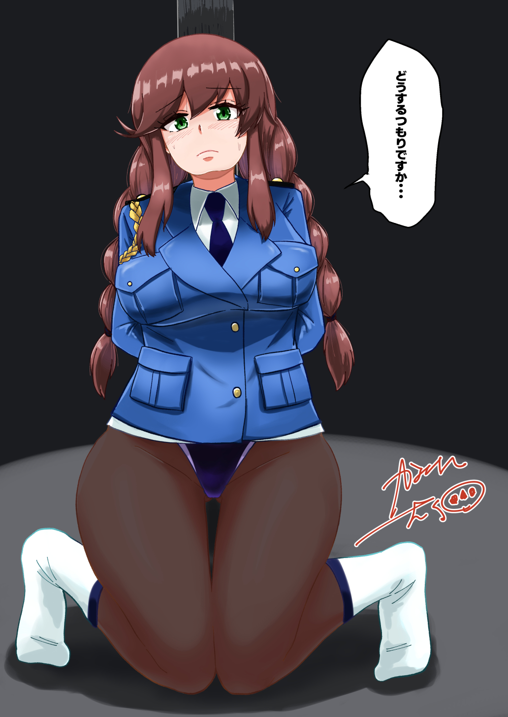 1girl alternate_costume arms_behind_back bangs black_pantyhose blue_jacket bound braid breasts brown_hair competition_swimsuit green_eyes highres jacket kaminashi_yamato kantai_collection large_breasts long_sleeves necktie noshiro_(kancolle) one-piece_swimsuit pantyhose police police_uniform policewoman restrained shirt socks solo stationary_restraints swept_bangs swimsuit swimsuit_under_clothes twin_braids twitter_username uniform white_shirt