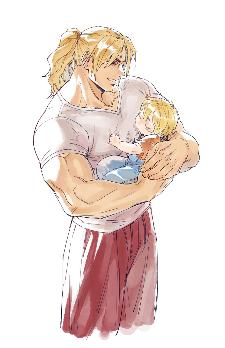 1boy 1other baby_carry bara black_hair blonde_hair carrying casual child cropped_legs highres holding_baby ips_cells ken_masters male_focus muscular muscular_male pectorals shirt shirt_tug short_hair smile solo street_fighter t-shirt yuiofire