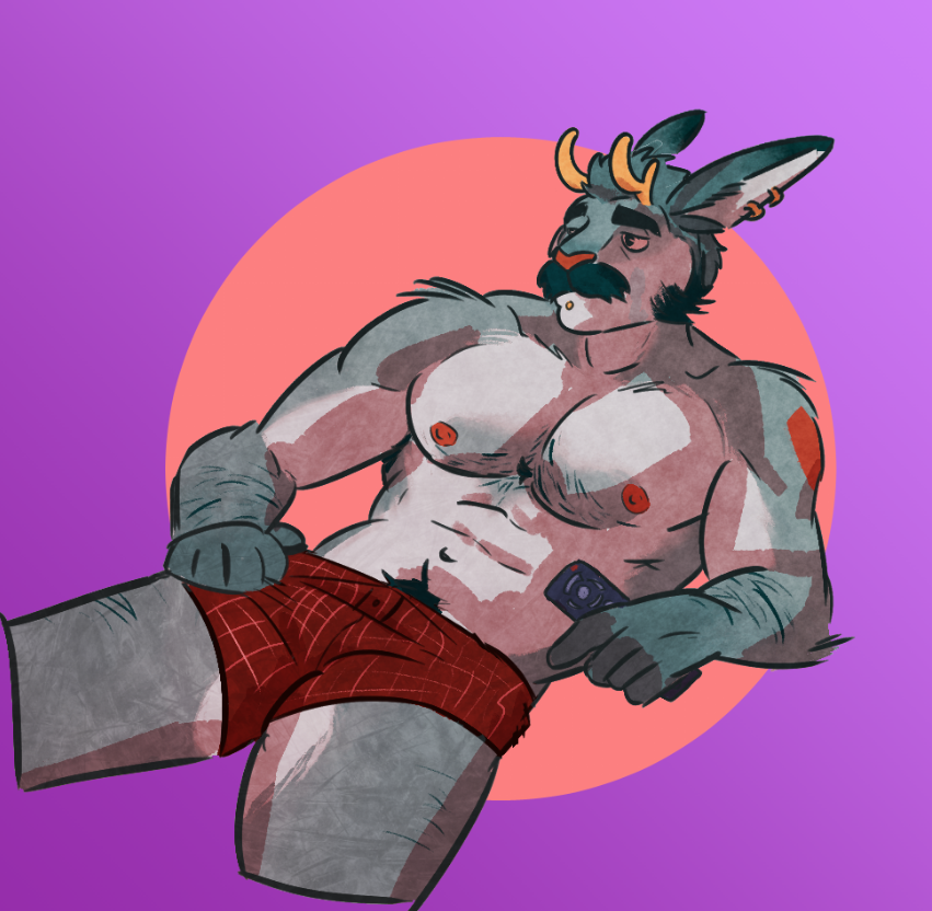 2023 abs anthro antlers arm_hair biceps body_hair boxedbread boxers_(clothing) boxers_only chest_hair chin_piercing clothed clothing controller ear_piercing facial_hair forearm_hair forearms holding_controller holding_object holding_remote_control horn jackalope lagomorph leporid looking_aside lounging male mammal manly mature_male muscular mustache navel nipples pecs piercing pubes rabbit reclining remote_control shirtless sideburns simple_background solo topless underwear underwear_only