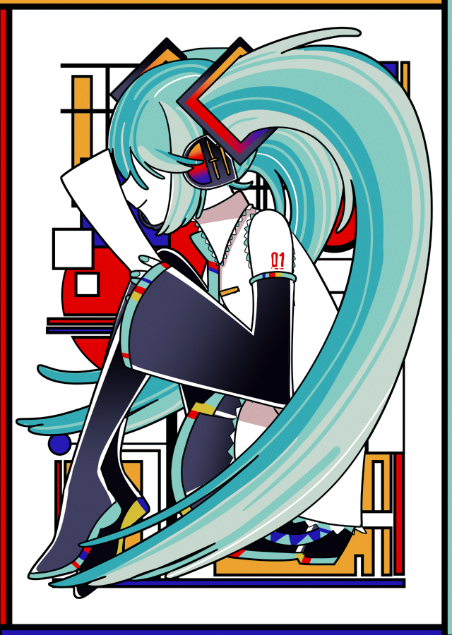 1girl abstract_background aqua_hair aqua_nails bangs black_footwear black_skirt black_sleeves boots border closed_mouth collared_shirt colored_skin commentary covered_eyes detached_sleeves from_side full_body hair_ornament hair_over_eyes hatsune_miku headset holding holding_paper knees_up long_bangs long_hair miniskirt multicolored_background multicolored_border nail_polish paper profile shirt sidelocks sitting skirt sleeveless sleeveless_shirt sleeves_past_wrists smile solo thigh_boots twintails very_long_hair vocaloid white_shirt white_skin wokichi