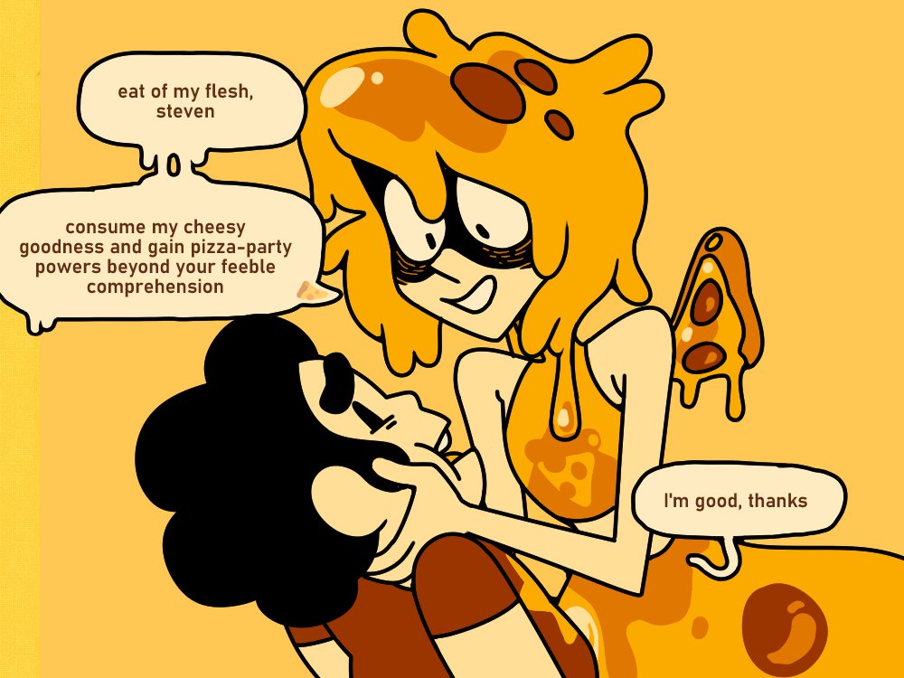 2023 cartoon_network creepy dialogue discount-supervillain duo english_text female food food_creature food_humanoid gem_(species) holding_face human humanoid humor lapis_lazuli_(steven_universe) male mammal not_furry pepperoni_pizza pseudo_hair steven_quartz_universe steven_universe text young