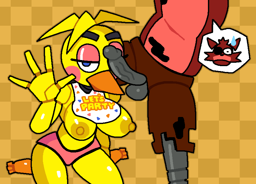 4_fingers animatronic anthro areola avian balls beak bib big_breasts bird blue_eyes breasts brown_background brown_body canid canine checkered_background chicken clothing crushtrap duo exposed_endoskeleton eye_patch eyelashes eyeshadow eyewear female fingers five_nights_at_freddy's five_nights_at_freddy's_2 fox galliform gallus_(genus) genitals gesture head_feathers head_tuft kneeling looking_at_viewer machine makeup male mammal nipples panties pattern_background penis penis_on_face phasianid pink_clothing pink_eyeshadow pink_panties pink_underwear robot rosy_cheeks scottgames simple_background thick_thighs toy_chica_(fnaf) tuft underwear waving waving_at_viewer wide_hips withered_foxy_(fnaf) yellow_areola yellow_nipples