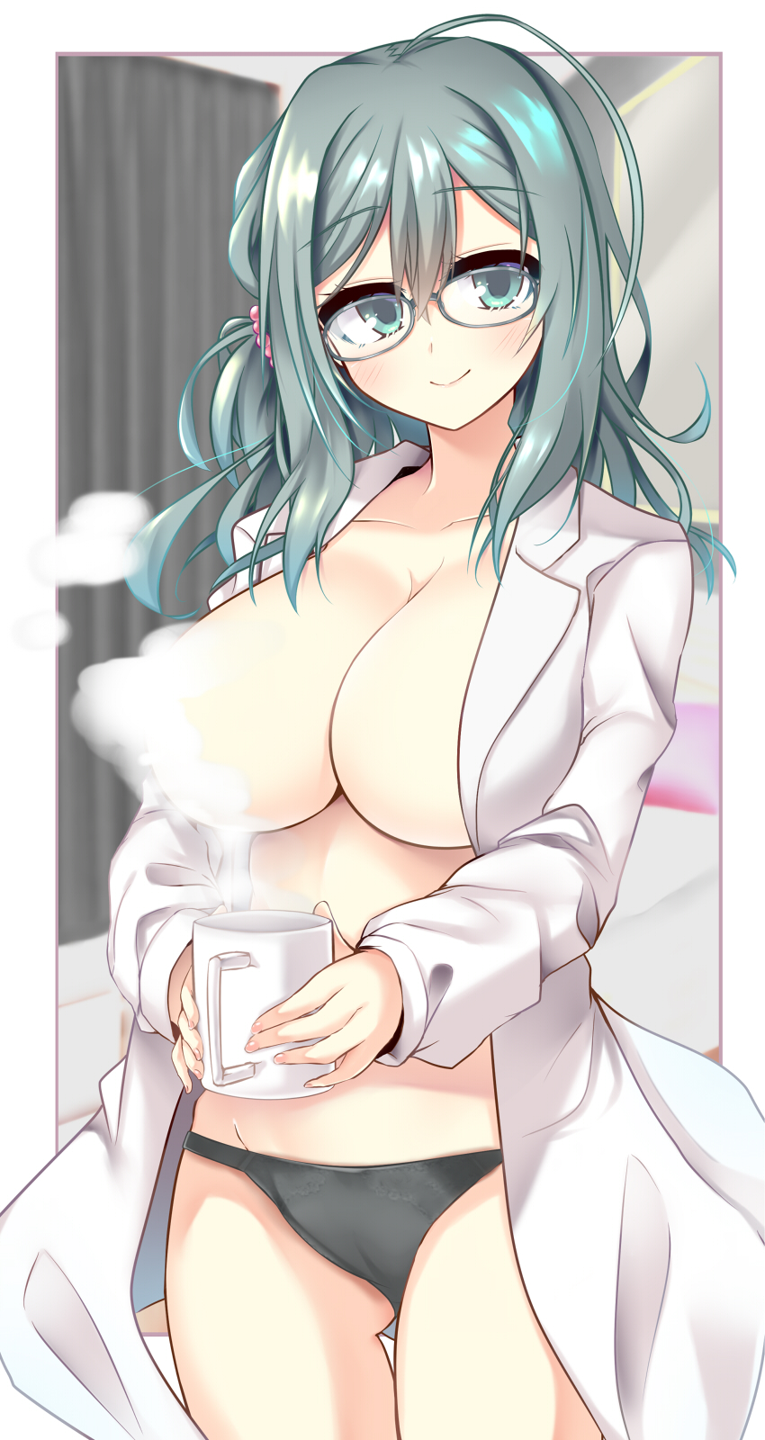1girl ahoge aqua_eyes aqua_hair ass_visible_through_thighs bangs black_panties blush breasts cleavage closed_mouth coat coffee_mug collarbone collared_coat commentary_request convenient_censoring cup ero-god fingernails glasses groin hair_between_eyes happy highres holding holding_cup indoors labcoat large_breasts long_hair looking_at_viewer mug naked_coat open_clothes open_coat panties riddle_joker shikibe_mayu sidelocks smile solo standing steam steam_censor swimsuit thigh_gap thighs underwear wavy_hair white_coat yuzu-soft