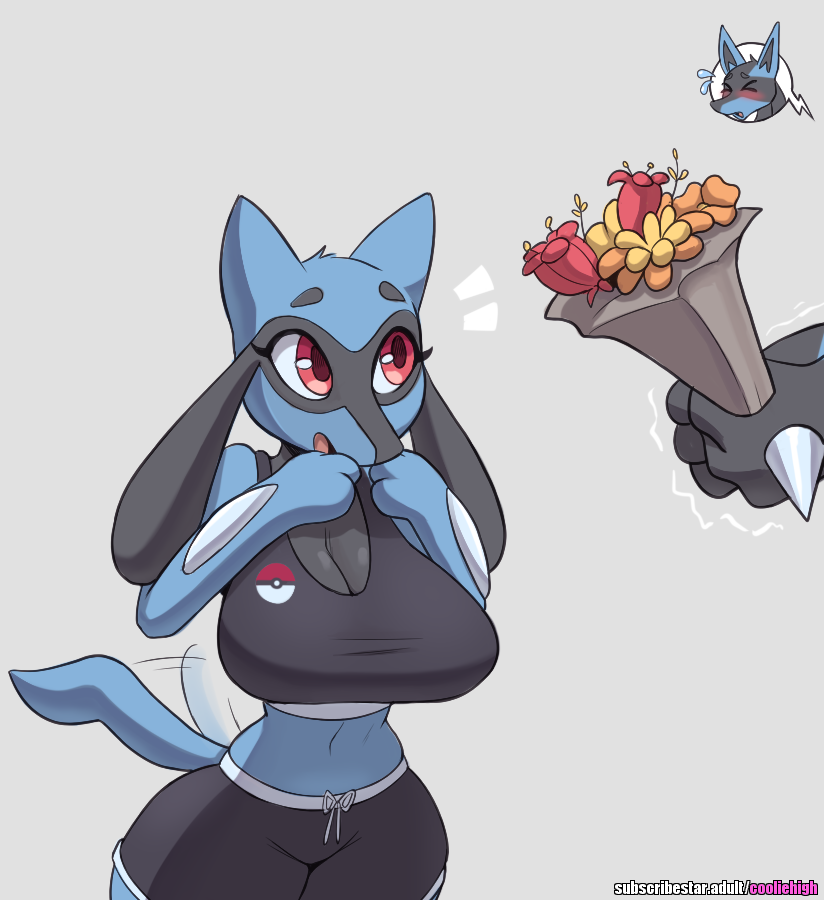 2022 anthro big_breasts blush breasts cleavage clothed clothing cooliehigh digital_media_(artwork) duo emanata eyes_closed female flower generation_4_pokemon holding_flower holding_object lucario midriff nintendo plant pokemon pokemon_(species) red_eyes riolu simple_background text url