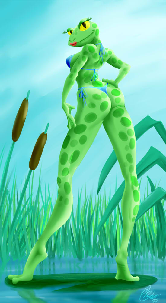 2011 amphibian anthro bikini blue_bikini blue_clothing blue_swimwear butt clothing day digital_media_(artwork) digitigrade feet female fingers flower frog grass green_spots kanthara lipstick looking_at_viewer makeup membrane_(anatomy) outside plant pond pupils reeds reflection signature sky slit_pupils smile solo spots spotted_body swimwear toes water water_lily yellow_eyes