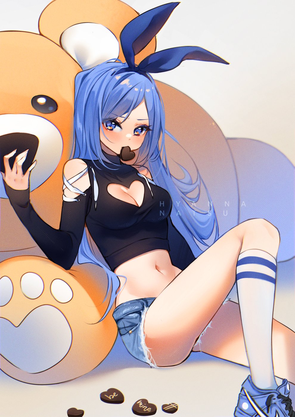 1girl artist_name black_shirt blue_eyes blue_footwear blue_hair borrowed_character bow breasts candy chocolate cleavage cleavage_cutout clothing_cutout denim denim_shorts food hair_bow heart heart-shaped_chocolate heart_cutout highres hyanna-natsu knee_up kneehighs legs long_hair midriff minah_(chaesu) mouth_hold navel original oversized_object ribbon shirt shoes short_shorts shorts socks solo stuffed_animal stuffed_toy teddy_bear thighs watermark white_socks