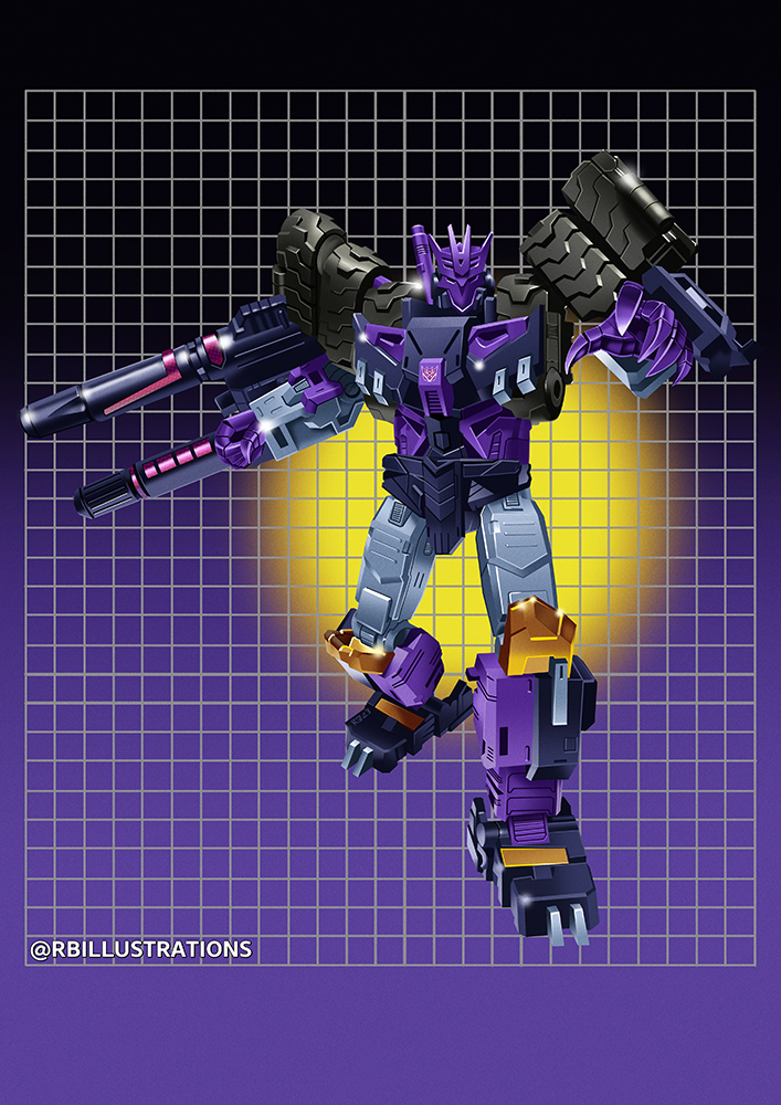arm_cannon clenched_hand decepticon english_commentary jeffrey_mangiat_(style) looking_at_viewer mecha no_humans open_hand parody robot ryan_button science_fiction solo style_parody the_transformers_(idw) transformers twitter_username weapon