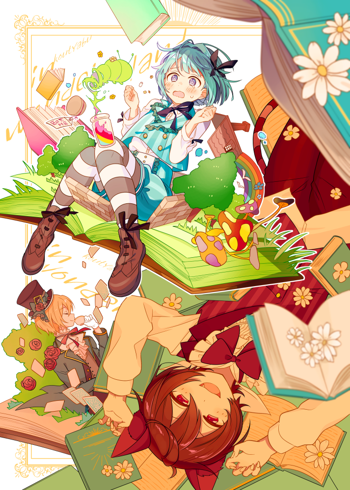 3boys 4_(nakajima4423) @_@ alice_(alice_in_wonderland) alice_(alice_in_wonderland)_(cosplay) alice_in_wonderland animal_ears ankle_boots ascot bangs black_bow black_headwear black_pantyhose blue_coat blue_hair blue_shorts blue_vest blunt_ends blush book boots border bow bowtie brick_wall brown_footwear brown_hair buttons cat_ears cat_tail cheshire_cat_(alice_in_wonderland) cheshire_cat_(alice_in_wonderland)_(cosplay) claw_pose clenched_hands closed_eyes coat commentary_request cosplay cowboy_shot cup daisy double-breasted drinking eat_me ensemble_stars! fang flower food gloves hair_between_eyes hair_bow hands_up hat hat_flower holding holding_cup light_blue_hair macaron mad_hatter_(alice_in_wonderland) mad_hatter_(alice_in_wonderland)_(cosplay) multiple_boys mushroom open_book open_mouth orange_hair pantyhose pop-up_book potion purple_eyes red_bow red_bowtie red_eyes red_flower red_rose romaji_text rose sakuma_ritsu shino_hajime shirt short_hair shorts simple_background sitting_on_book striped striped_pantyhose surprised tail tailcoat teacup top_hat tree tsukinaga_leo upper_body vest white_ascot white_background white_flower white_gloves white_pantyhose white_shirt