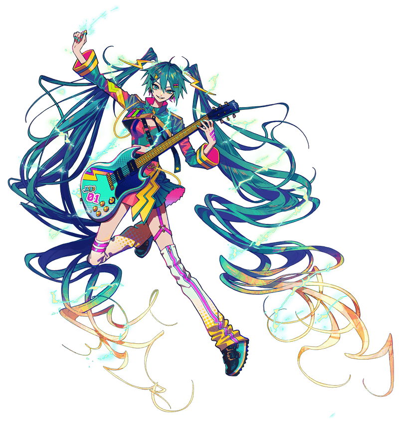 1girl absurdly_long_hair ahoge akiakane aqua_eyes aqua_footwear aqua_hair aqua_nails aqua_skirt arm_up belt black_belt black_footwear blonde_hair colored_tips electric_guitar electricity garter_straps glowing gradient_hair grin guitar hair_between_eyes hair_ornament halftone hand_up hatsune_miku hatsune_miku_japan_tour_2023_~thunderbolt~ high_collar holding holding_instrument holding_plectrum instrument leg_up leg_warmers lightning_bolt-shaped_pupils lightning_bolt_hair_ornament lightning_bolt_symbol long_hair long_sleeves looking_at_viewer midriff multicolored_hair nail_polish neon_palette official_alternate_costume official_art pink_hair pleated_skirt plectrum second-party_source shoes shrug_(clothing) simple_background single_garter_strap skirt smile solo tachi-e thigh_strap transparent_background triangle_ring twintails two-sided_fabric two-sided_skirt two-sided_sleeves very_long_hair vocaloid wavy_hair