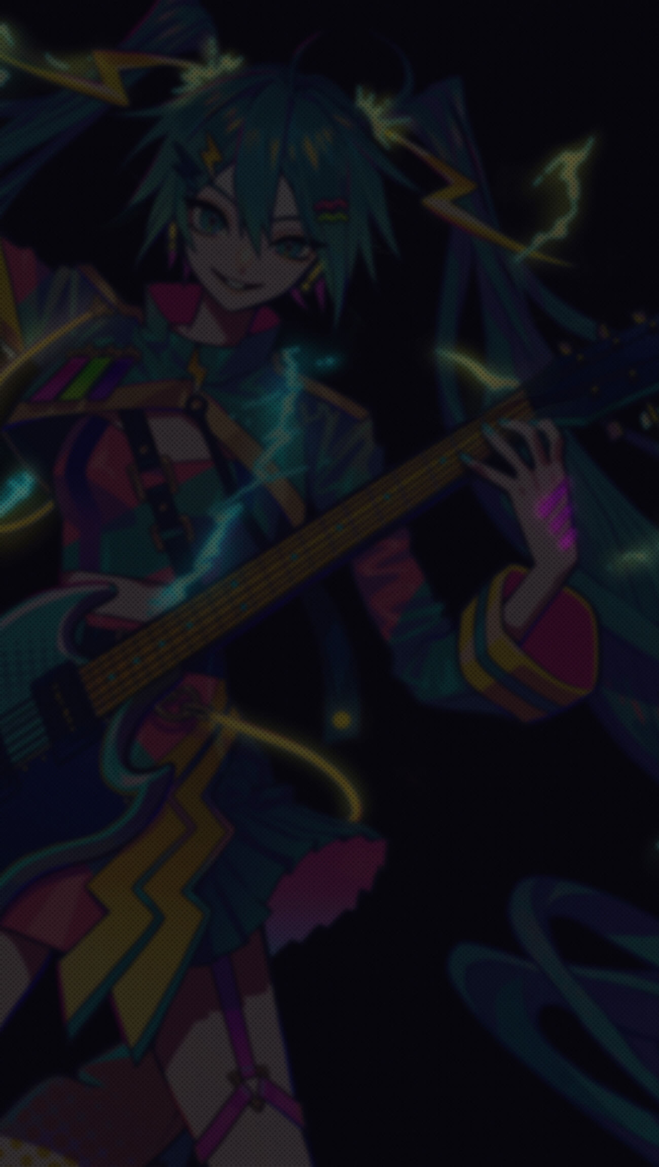 1girl akiakane aqua_eyes aqua_hair aqua_nails aqua_skirt arm_up black_background cowboy_shot electric_guitar electricity garter_straps glowing grin guitar hair_between_eyes hair_ornament halftone halftone_texture hand_up hatsune_miku hatsune_miku_japan_tour_2023_~thunderbolt~ highres holding holding_instrument instrument lightning_bolt_hair_ornament lightning_bolt_symbol long_hair long_sleeves looking_at_viewer midriff official_alternate_costume official_art pleated_skirt second-party_source shrug_(clothing) single_garter_strap skirt smile solo thigh_strap triangle_ring twintails two-sided_fabric two-sided_skirt two-sided_sleeves very_long_hair vocaloid