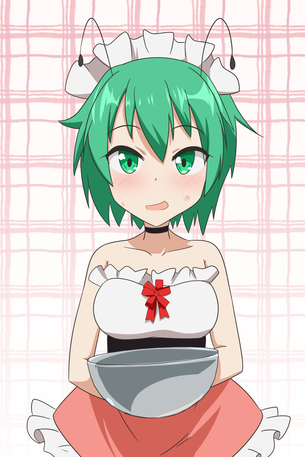 1girl alternate_costume anime_coloring antennae bangs black_choker blush bowl breasts cato_(monocatienus) choker commentary_request cowboy_shot frilled_skirt frills green_eyes green_hair hair_between_eyes highres holding holding_bowl looking_at_viewer maid_headdress medium_breasts open_mouth pink_skirt plaid plaid_background short_hair skirt solo strapless sweat touhou tube_top underbust white_background white_tube_top wriggle_nightbug