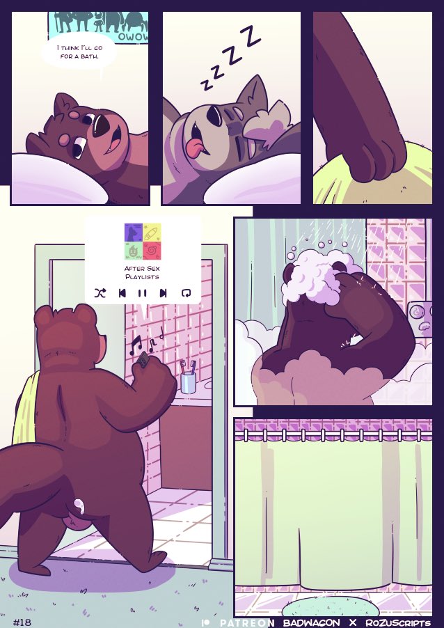 anthro backsack badwagon_(artist) balls bathing bathroom bodily_fluids butt canid canine canis comic cum cum_on_butt dialogue duo english_text genital_fluids genitals harry_(badwagon) male male/male mammal mustelid nude otter overweight overweight_male shower_curtain sleeping steam suds text tongue tongue_out towel_on_shoulder wally_(badwagon) wolf