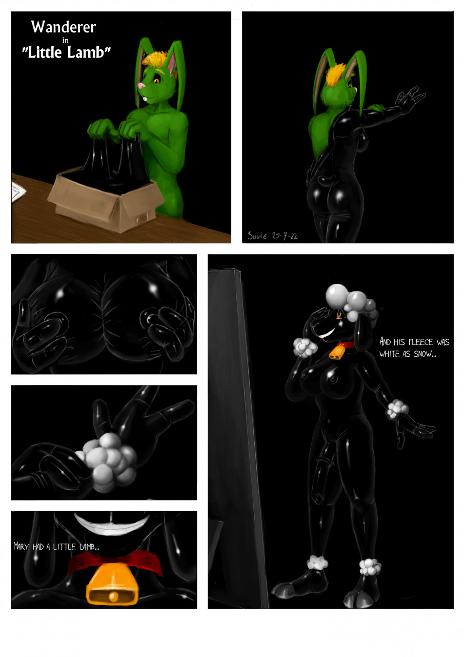 2022 anthro bell bell_collar black_background bovid box breasts caprine clothing collar container gender_transformation genitals gynomorph hi_res intersex lagomorph leporid male mammal nipples penis rabbit red_collar rubber rubber_clothing rubber_suit sheep simple_background species_transformation suule transformation