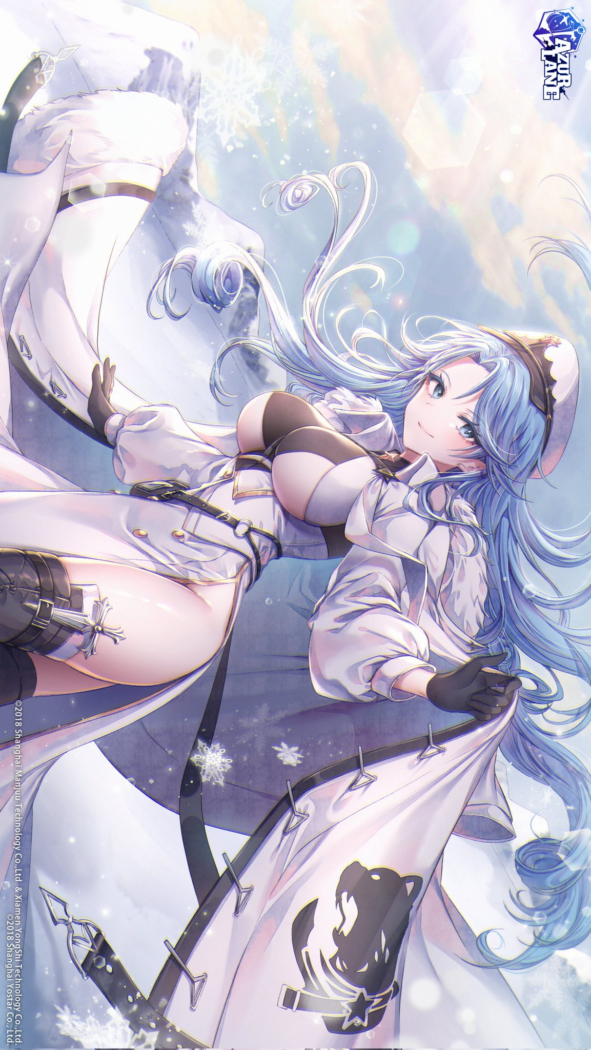 1girl azur_lane black_camisole black_gloves blue_eyes blue_hair breasts camisole closed_mouth coat coat_dress commentary_request copyright_name exif_rotation floating_hair fur-trimmed_coat fur_trim gloves hat highres large_breasts lens_flare light_smile logo long_hair looking_at_viewer mountain northern_parliament_(emblem) official_art outdoors ozzingo peaked_cap side_cutout smile snow snowflakes solo sovetskaya_belorussiya_(azur_lane) standing sunlight thighs white_coat