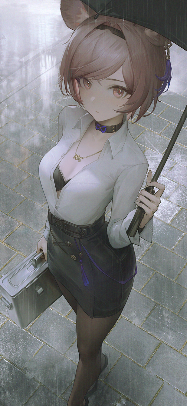 1girl animal_ears arknights asymmetrical_bangs bag bangs black_bra black_choker black_hairband black_pantyhose black_skirt bra breasts brick_floor business_suit choker cleavage closed_mouth dacheng_ad formal hair_ornament hairband handbag high-waist_skirt highres holding holding_bag holding_umbrella jewelry lin_(arknights) long_sleeves looking_at_viewer mouse_ears mouse_girl necklace open_clothes open_shirt outdoors pantyhose pencil_skirt pink_eyes pink_hair rain shirt short_hair sidelocks skirt solo standing suit tassel umbrella underwear white_shirt