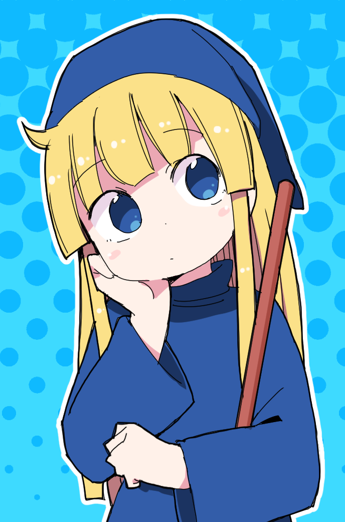 1girl bangs blonde_hair blue_background blue_eyes blue_headwear blue_robe blush blush_stickers broom dokan_(dkn) dot_mouth dot_nose dotted_background hat long_hair madou_monogatari puyopuyo robe solo very_long_hair witch witch_(puyopuyo) witch_hat