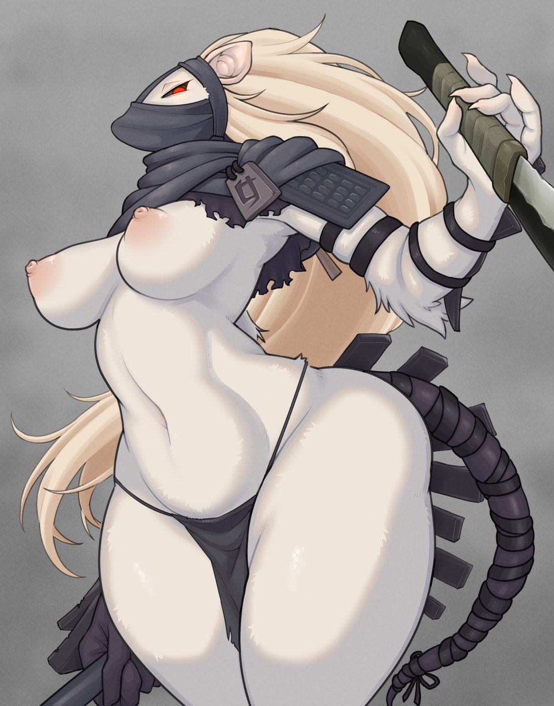 anthro areola biped blonde_hair breasts clothed clothing female hair hi_res holding_object holding_weapon looking_at_viewer mammal murid murine navel nipples rat red_eyes rodent simple_background skaven solo tokumori_kaisen warhammer_(franchise) weapon white_body