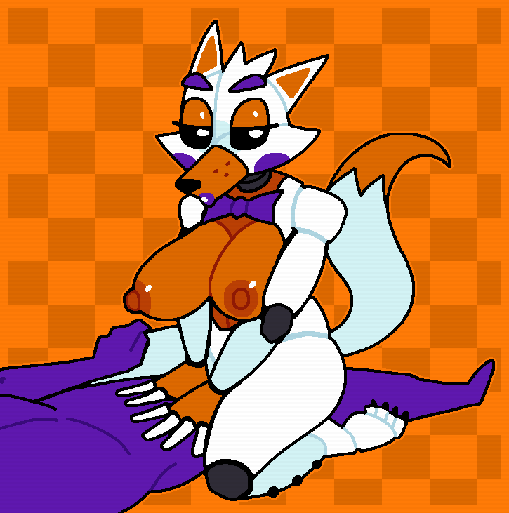 animatronic anthro areola big_breasts black_sclera bow_tie breasts canid canine checkered_background crushtrap dipstick_tail duo female female_on_top five_nights_at_freddy's five_nights_at_freddy's_world fox huge_breasts human lipstick lolbit_(fnaf) machine makeup male mammal markings nipples on_top orange_areola orange_background orange_body orange_eyeshadow orange_nipples pattern_background purple_lipstick robot rosy_cheeks scottgames simple_background tail tail_markings thick_thighs white_body white_eyes wide_hips