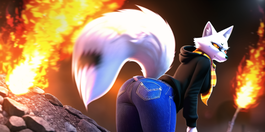 2:1 anthro big_butt black_clothing black_jacket black_topwear bottomwear breasts butt butt_focus clothing denim denim_clothing female fur jacket jeans orange_eyes pants ryker_01 small_breasts solo tail thick_thighs topwear white_body white_fur