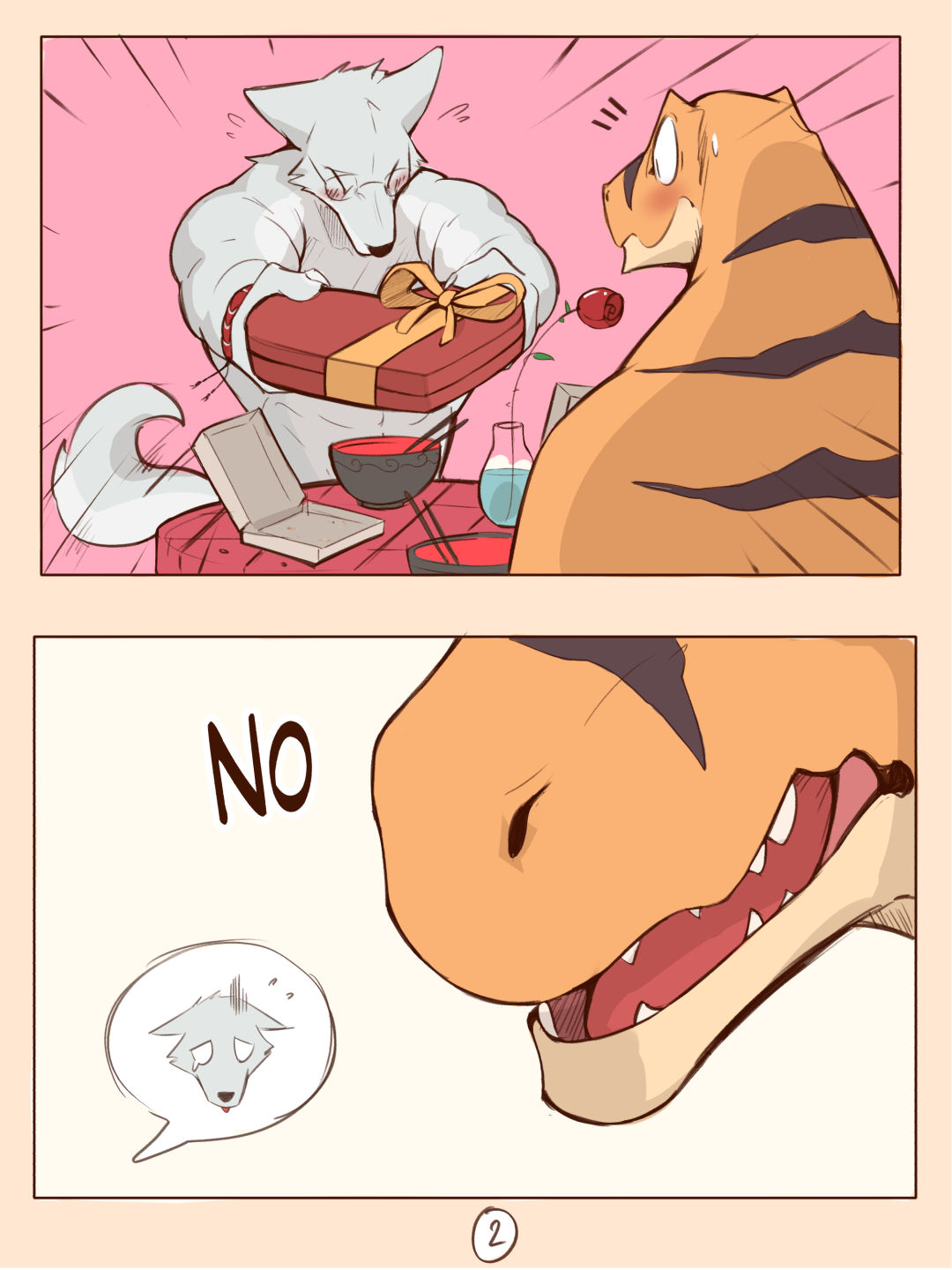 &lt;3 abs anthro canid canine canis comic digital_media_(artwork) dinosaur duo english_text flower gift heart_shaped_box hi_res holidays male male/male mammal multiple_scenes pecs plant reptile rose_(flower) sad scalie surprise surprised_expression text valentine's_day wolf wolfanine