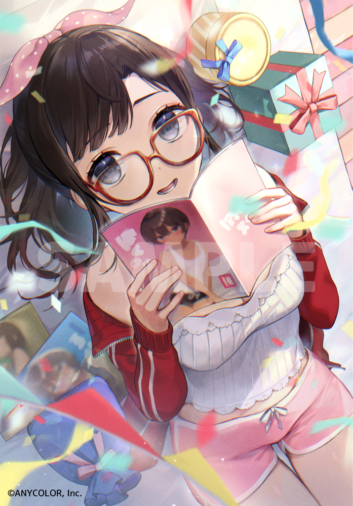 1girl bare_shoulders black_hair blue_eyes blurry book box breasts cleavage commentary_request cowboy_shot depth_of_field dutch_angle gift gift_box glasses hair_ribbon holding holding_book jacket long_sleeves looking_at_viewer lower_teeth_only medium_breasts medium_hair midriff nijisanji off_shoulder open_mouth pink_ribbon pink_shorts polka_dot polka_dot_ribbon red-framed_eyewear red_jacket ribbon shirt short_shorts shorts solo suzuka_utako teeth vivi_(eve_no_hakoniwa) white_shirt