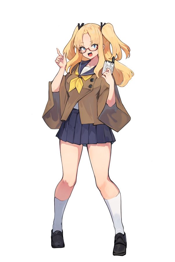 1girl :d bangs black_footwear blonde_hair full_body glasses gyaru hand_up holding holding_notepad lansane long_hair neckerchief notepad original parted_bangs red-framed_eyewear school_uniform serafuku simple_background smile socks solo two_side_up white_background white_socks wide_sleeves yellow_neckerchief