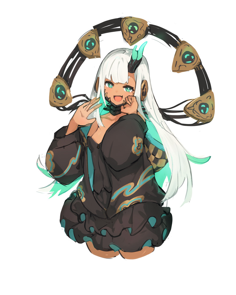 1girl :d aqua_eyes aqua_hair aqua_horns bare_shoulders black_skirt colored_inner_hair cropped_legs hands_up horns jacket lansane long_sleeves looking_at_viewer multicolored_hair original simple_background single_horn sketch skirt smile solo white_background white_hair zipper