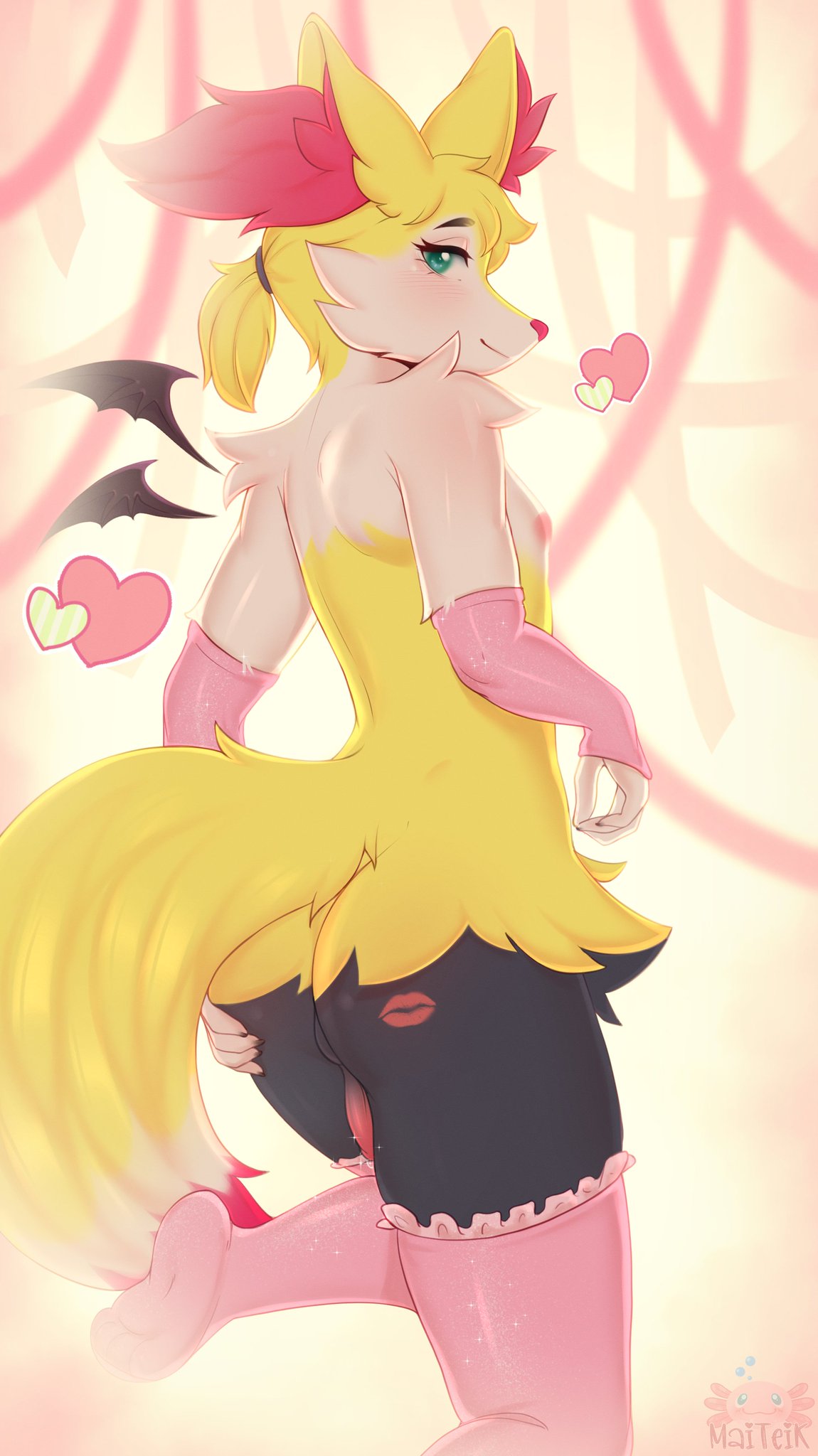 &lt;3 2023 abstract_background anthro arm_warmers armwear artist_logo backsack balls black_body black_fur blush bodily_fluids braixen butt butt_grab canid canine clothed clothing crossdressing digital_media_(artwork) dipstick_tail dripping eyebrows feet fingers floating_wings fur generation_6_pokemon genital_fluids genitals girly green_eyes grey_(dgbraixen) hair hand_on_butt hi_res humanoid_feet humanoid_genitalia humanoid_penis inner_ear_fluff kiss_mark legwear lingerie lipstick_on_butt logo looking_at_viewer looking_back looking_back_at_viewer maiteik makeup male mammal markings nails nintendo penis pink_arm_warmers pink_clothing pink_stockings plantigrade pokemon pokemon_(species) ponytail precum precum_drip presenting presenting_hindquarters rear_view red_body red_fur seductive short_ponytail smile smiling_at_viewer solo sparkles standing stockings tail tail_markings tight_clothing tuft watermark white_body white_fur yellow_body yellow_fur